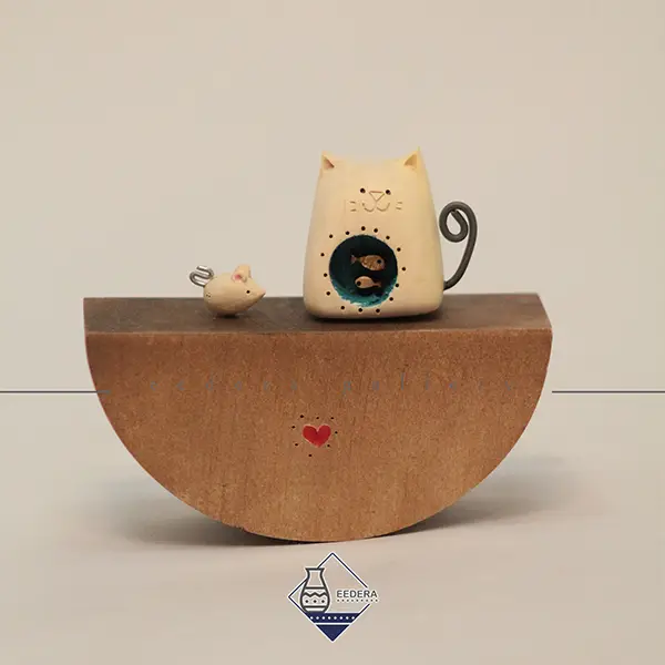 مجسمه چوبی دکوری گربه با پایه متغییر